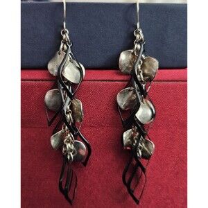 Black Arrow Leaf Shaped Charms & Silver Rounds - Chain-link Dangle Hook Earrings